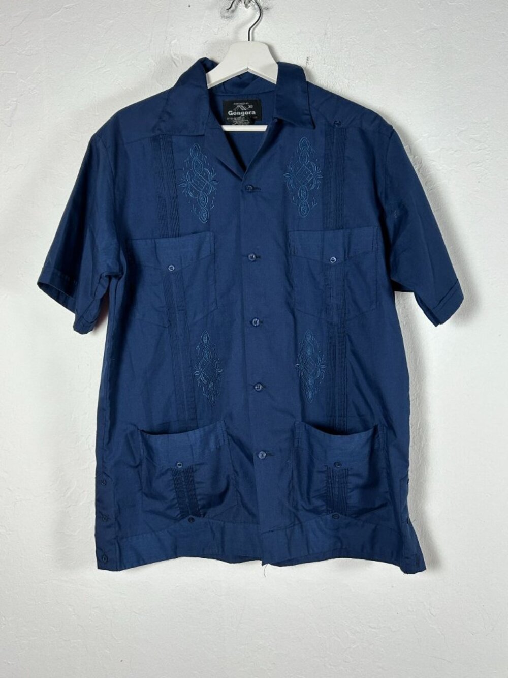 Gongora Guayabera Shirt Mens Navy Blue Embroidered 4-Pocket Cuban Wedding Sz 38